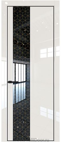 Дверь Profil Doors 19LE цвет Магнолия люкс кромка Черный матовый RAL9005 стекло Лоран узор золото