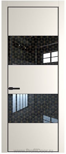 Дверь Profil Doors 22PE цвет Перламутр белый кромка Черный матовый RAL9005 стекло Лоран узор золото